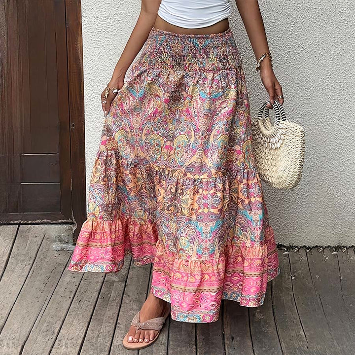 Olivenorma Bohemian Paisley Print Smocked High Waist Tiered Maxi Women's Dress - image 3