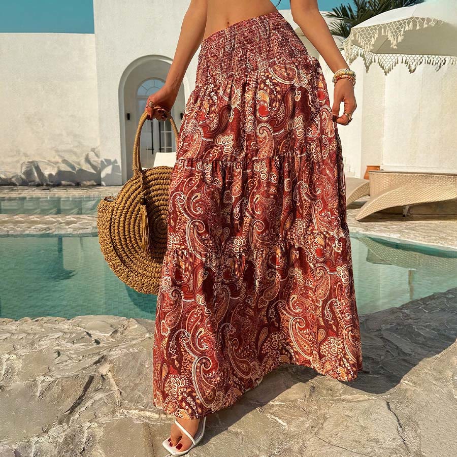 Olivenorma Bohemian Paisley Print High Waist Smocked Tiered Maxi Women's Dress - image 30