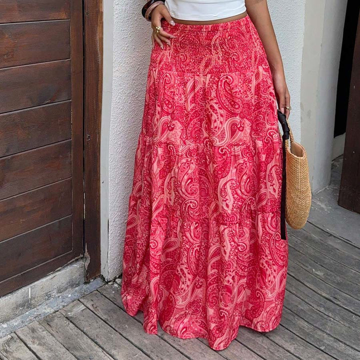 Olivenorma Bohemian Paisley Print High Waist Smocked Tiered Maxi Women's Dress - Pink Red - XXL - image 33