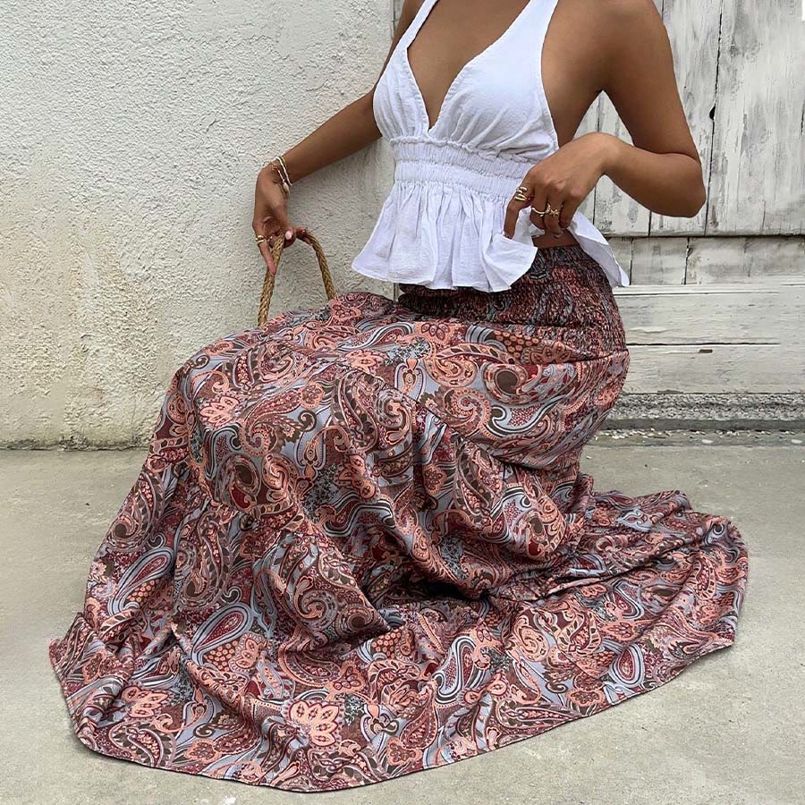 Olivenorma Bohemian Paisley Print High Waist Smocked Tiered Maxi Women's Dress - image 46