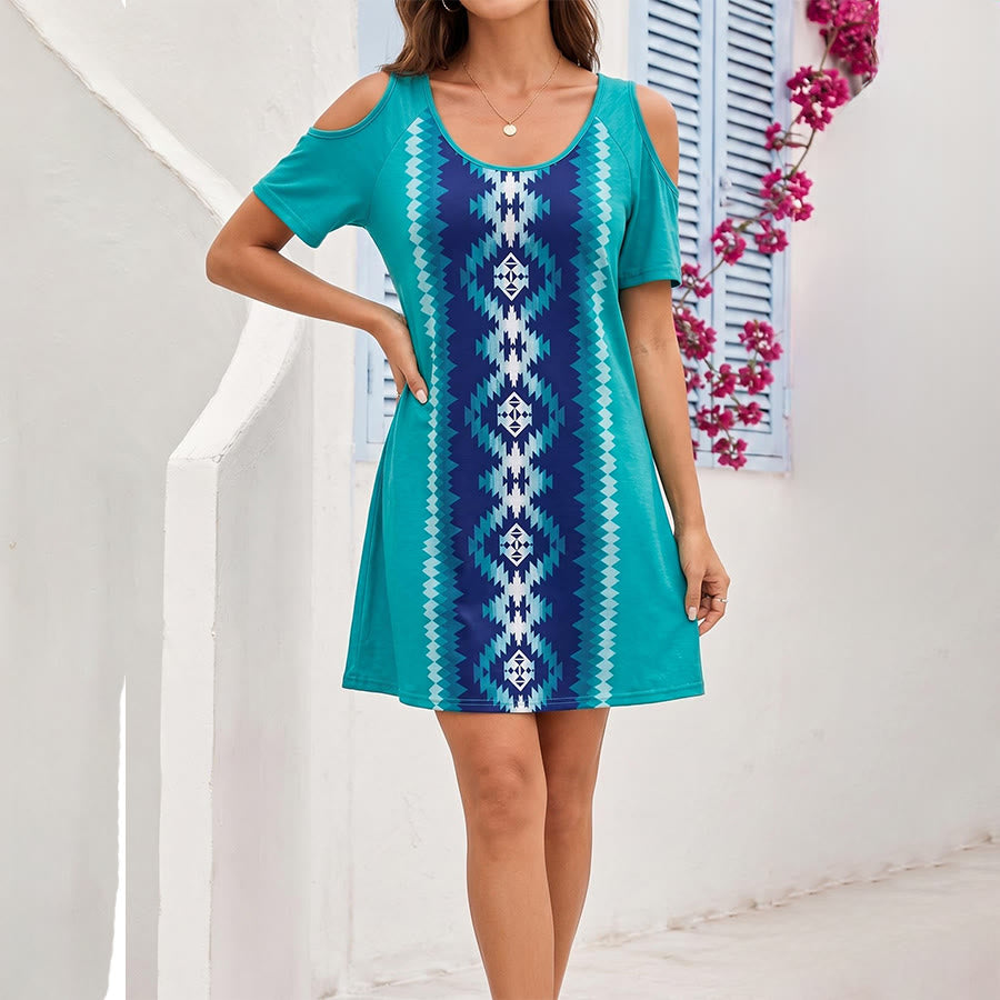 Olivenorma Tribal Geometric Gradient Print Cold Shoulder Short Sleeve Women's Dress - image 1