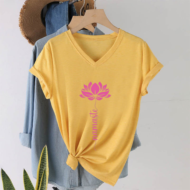 Olivenorma Minimal Namaste Lotus Silhouette Print V-Neck T-Shirt - Yellow - 2XL - image 9