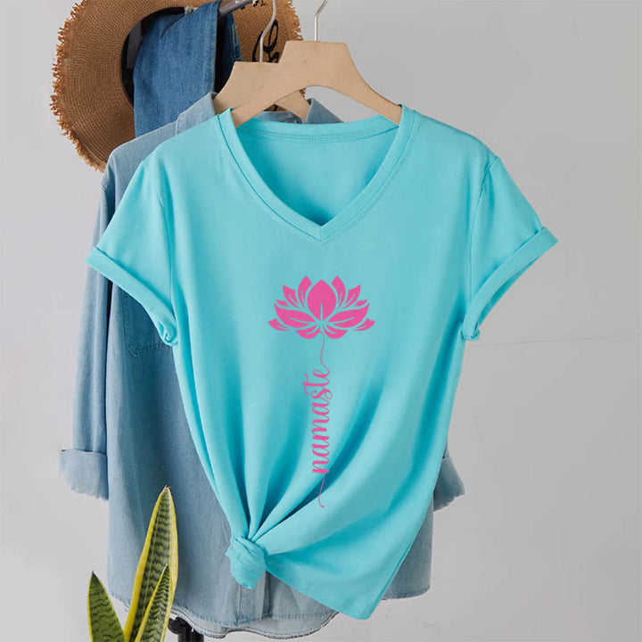 Olivenorma Minimal Namaste Lotus Silhouette Print V-Neck T-Shirt - Lake Blue - 2XL - image 12