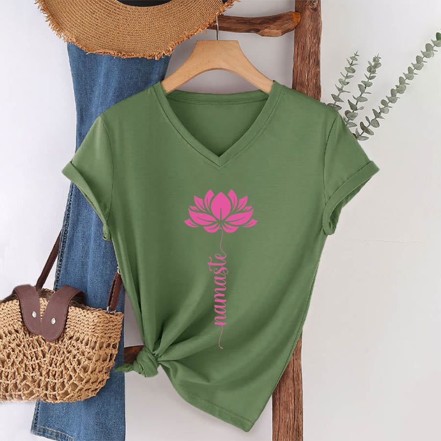 Olivenorma Minimal Namaste Lotus Silhouette Print V-Neck T-Shirt - Olive Green - 2XL - image 21