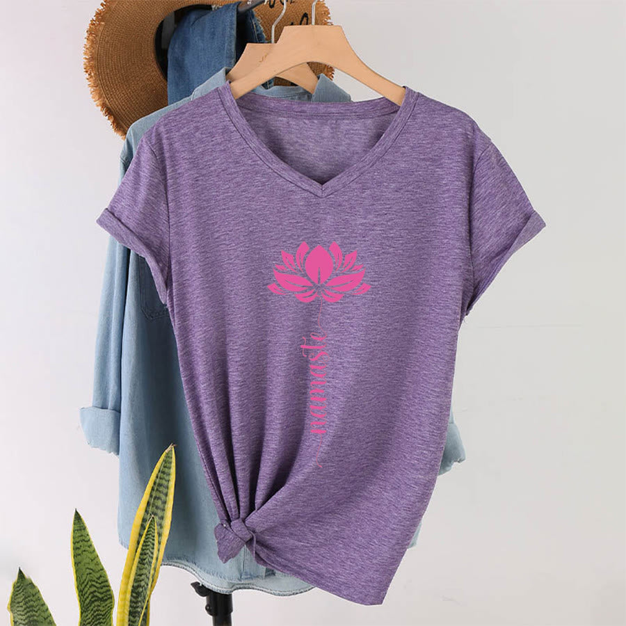 Olivenorma Minimal Namaste Lotus Silhouette Print V-Neck T-Shirt - Purple - 2XL - image 18