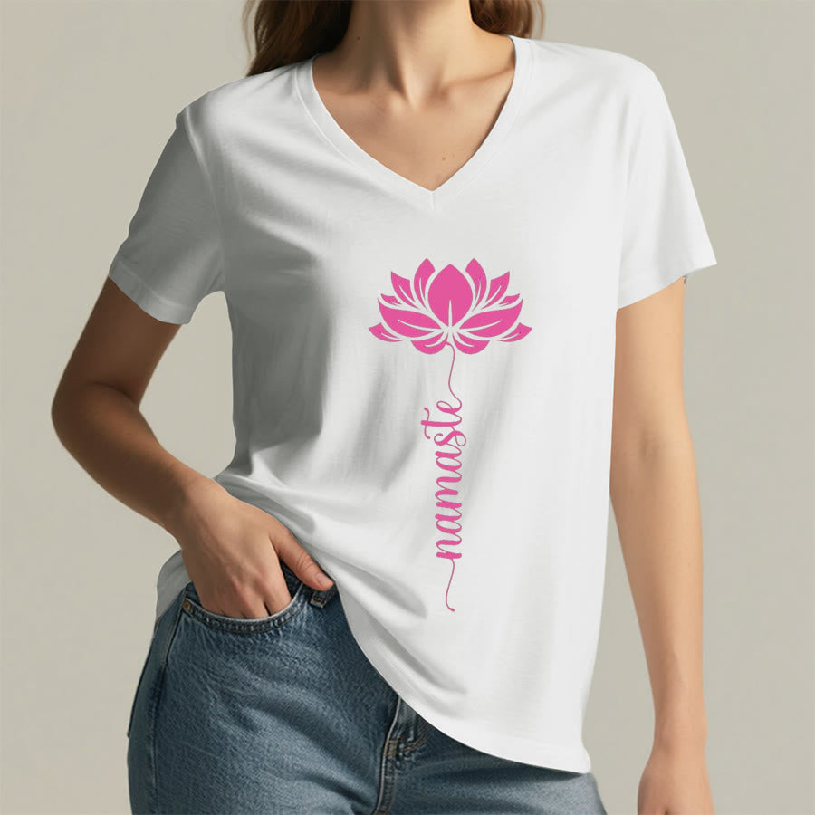 Olivenorma Minimal Namaste Lotus Silhouette Print V-Neck T-Shirt - image 1