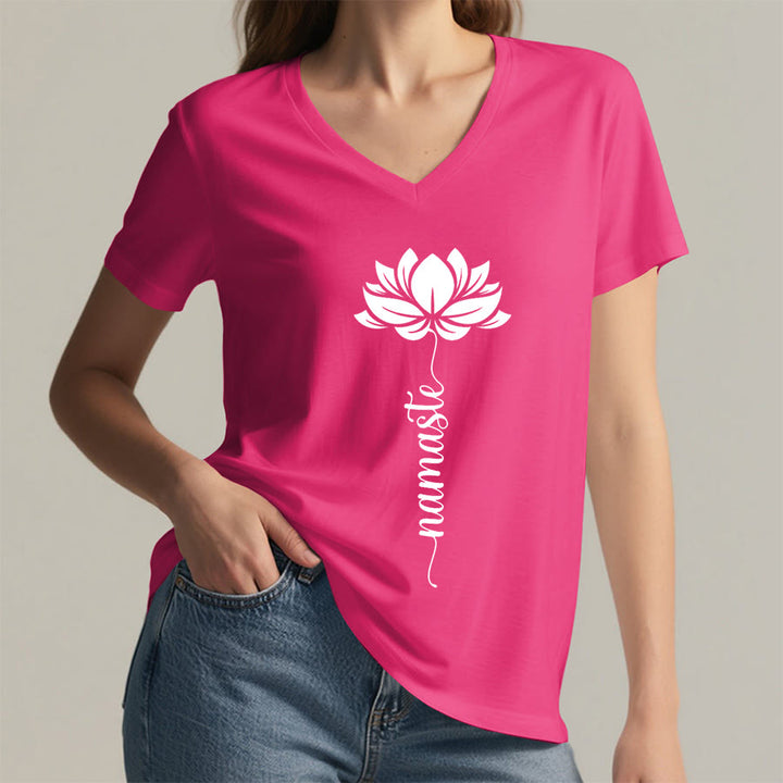Olivenorma Minimal Namaste Lotus Silhouette Print V-Neck T-Shirt - image 34