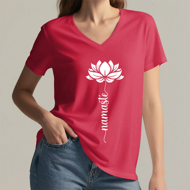 Olivenorma Minimal Namaste Lotus Silhouette Print V-Neck T-Shirt - image 37