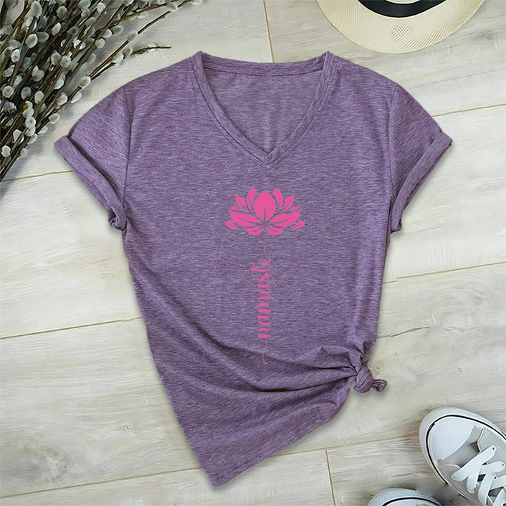 Olivenorma Minimal Namaste Lotus Silhouette Print V-Neck T-Shirt - image 20