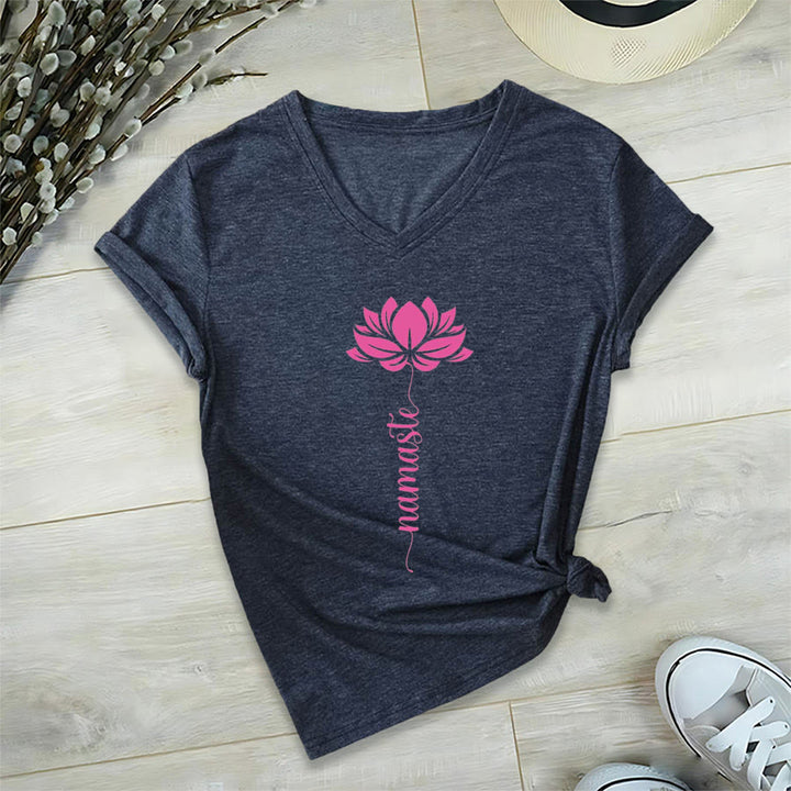 Olivenorma Minimal Namaste Lotus Silhouette Print V-Neck T-Shirt - image 16