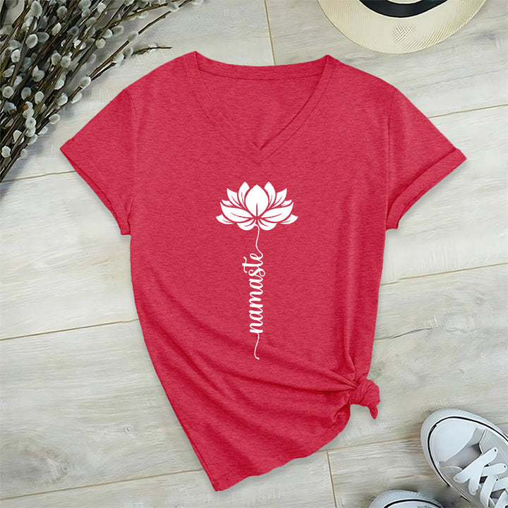 Olivenorma Minimal Namaste Lotus Silhouette Print V-Neck T-Shirt - image 38
