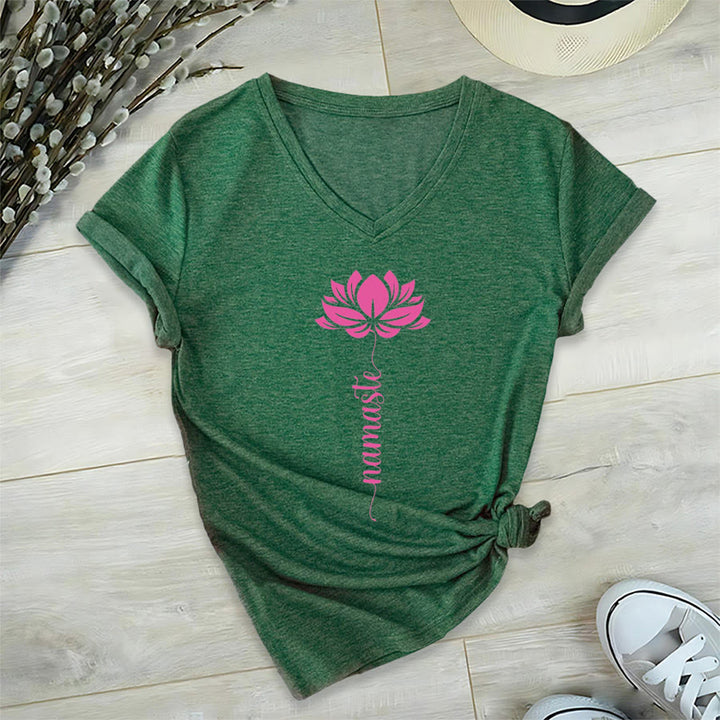 Olivenorma Minimal Namaste Lotus Silhouette Print V-Neck T-Shirt - image 26