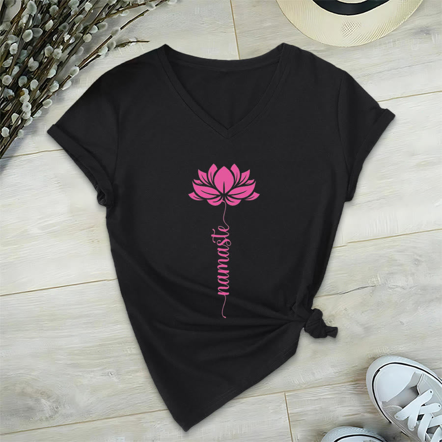 Olivenorma Minimal Namaste Lotus Silhouette Print V-Neck T-Shirt - image 5