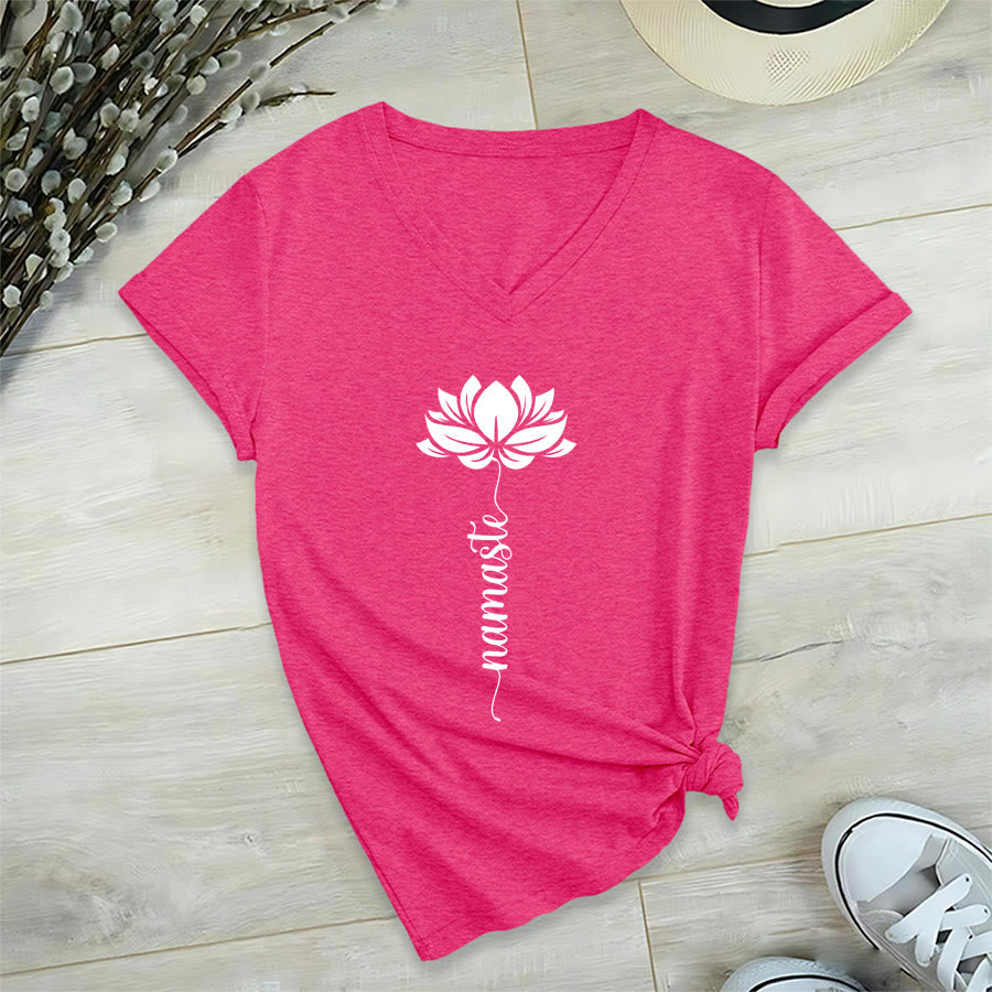 Olivenorma Minimal Namaste Lotus Silhouette Print V-Neck T-Shirt - image 35