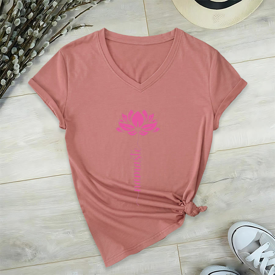 Olivenorma Minimal Namaste Lotus Silhouette Print V-Neck T-Shirt - image 32