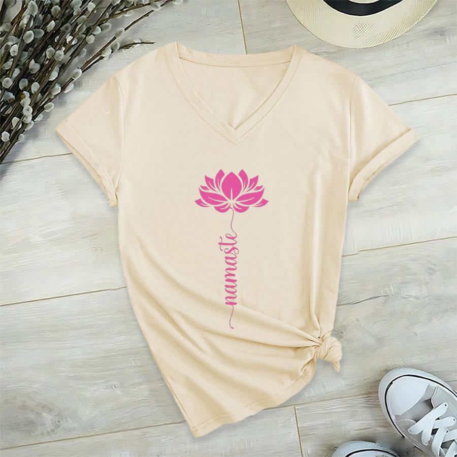 Olivenorma Minimal Namaste Lotus Silhouette Print V-Neck T-Shirt - image 29