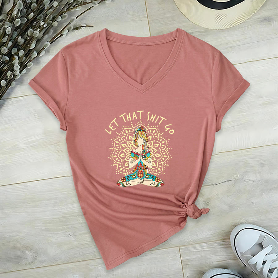 Olivenorma Yoga Themed Meditating Woman Mandala V-Neck T-Shirt - Pink - 2XL - image 30