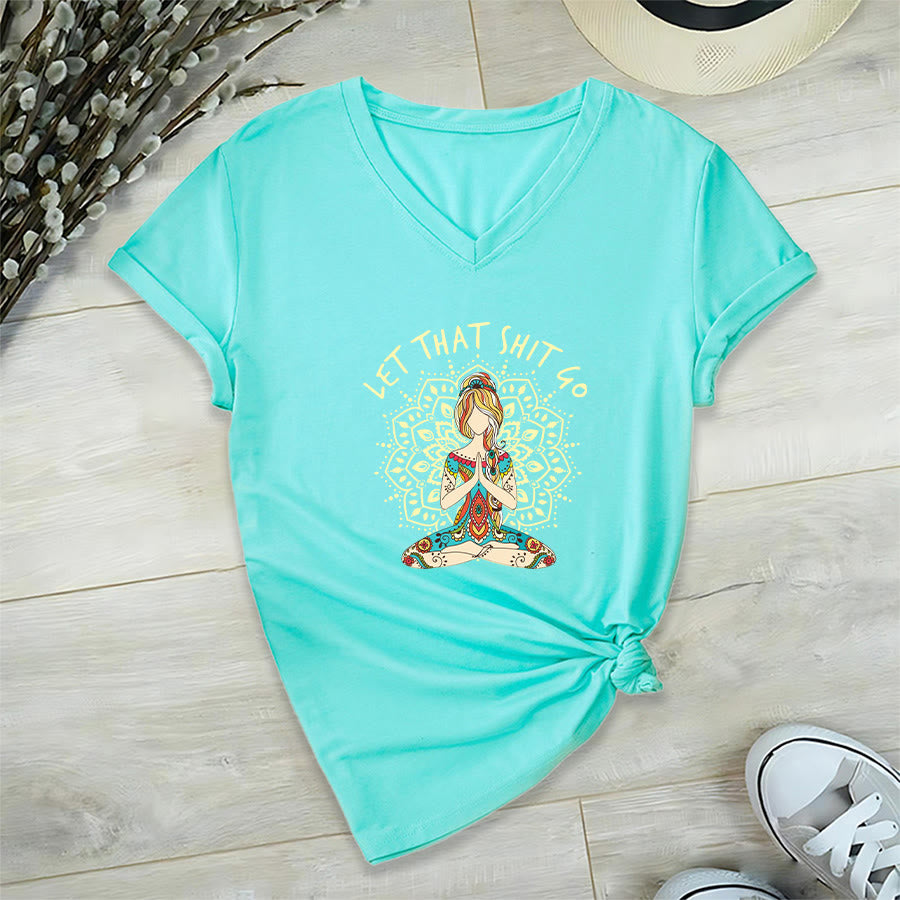 Olivenorma Yoga Themed Meditating Woman Mandala V-Neck T-Shirt - Lake Blue - 2XL - image 15