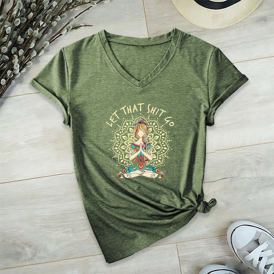 Olivenorma Yoga Themed Meditating Woman Mandala V-Neck T-Shirt - Olive Green - 2XL - image 0