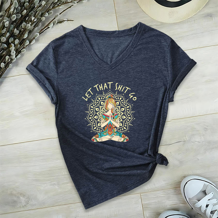 Olivenorma Yoga Themed Meditating Woman Mandala V-Neck T-Shirt - Navy Blue - 2XL - image 18