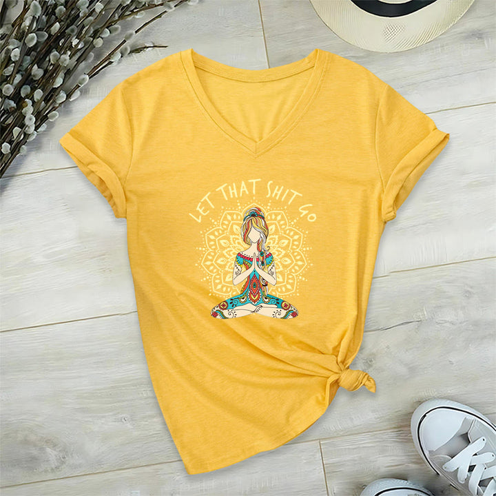 Olivenorma Yoga Themed Meditating Woman Mandala V-Neck T-Shirt - Yellow - 2XL - image 12
