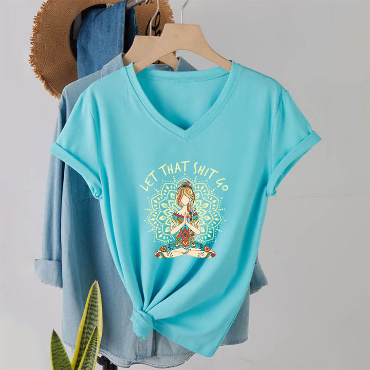 Olivenorma Yoga Themed Meditating Woman Mandala V-Neck T-Shirt - image 16