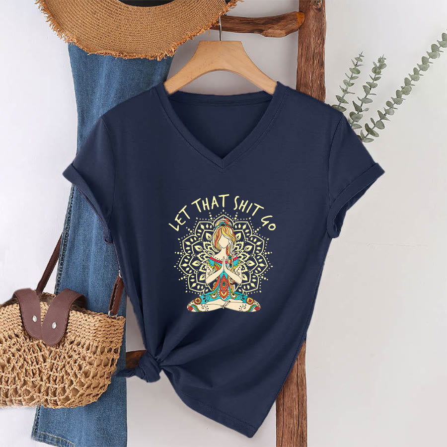 Olivenorma Yoga Themed Meditating Woman Mandala V-Neck T-Shirt - image 19