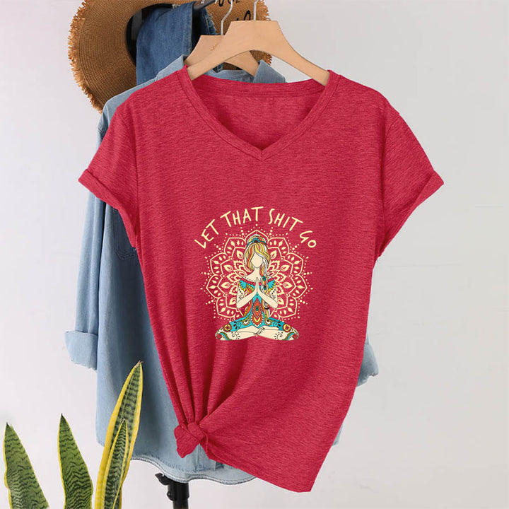 Olivenorma Yoga Themed Meditating Woman Mandala V-Neck T-Shirt - image 37