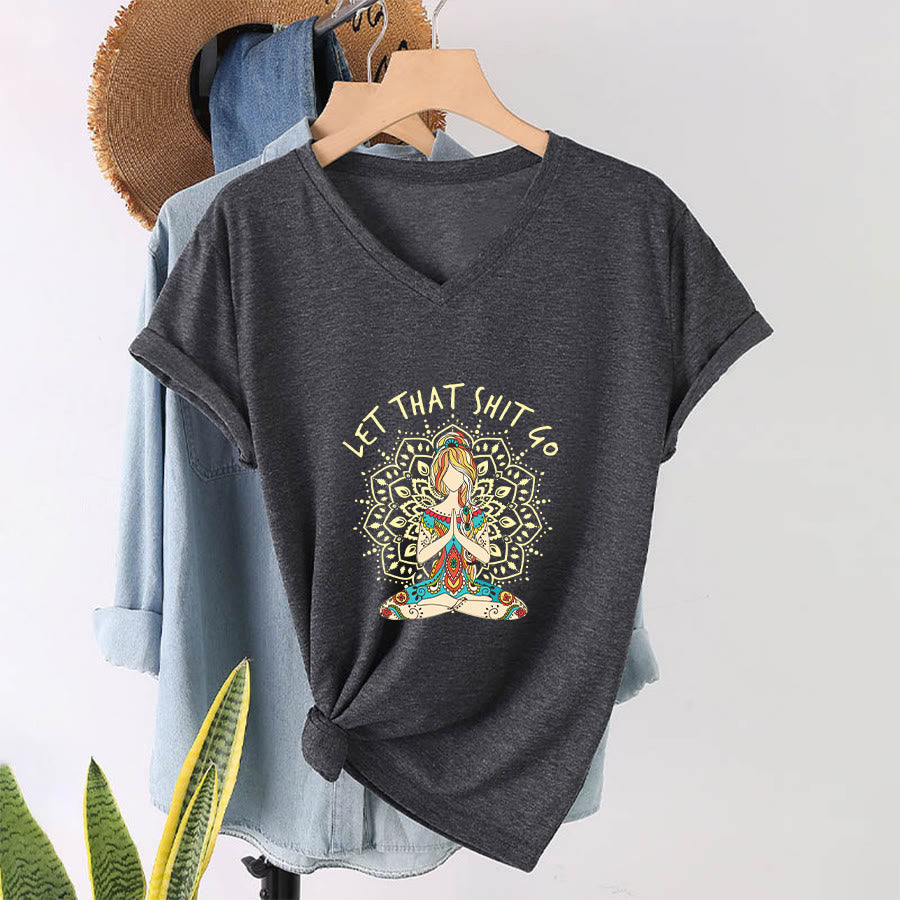 Olivenorma Yoga Themed Meditating Woman Mandala V-Neck T-Shirt - image 10