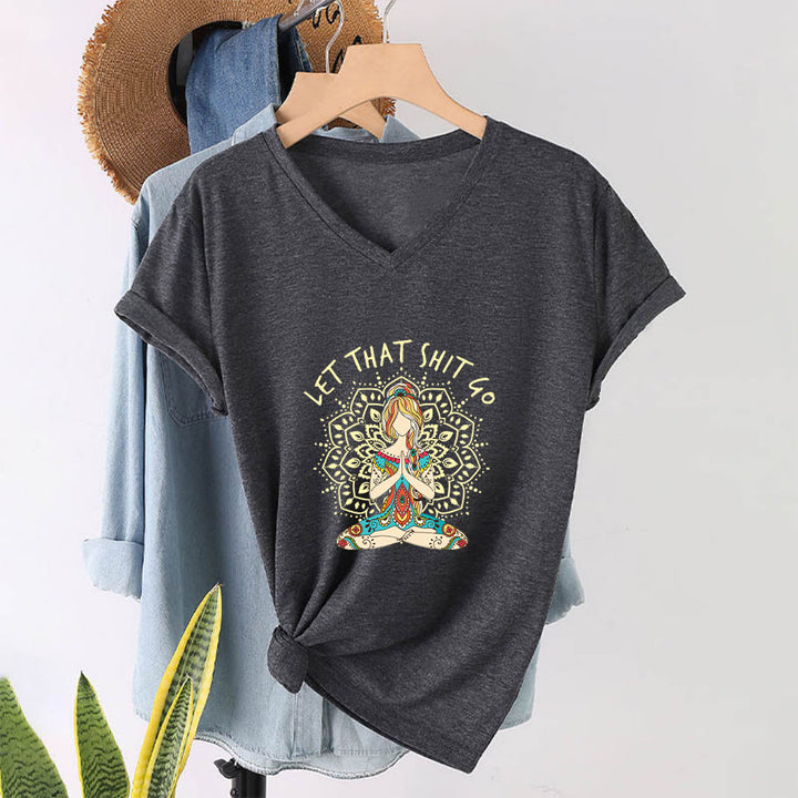 Olivenorma Yoga Themed Meditating Woman Mandala V-Neck T-Shirt - image 10