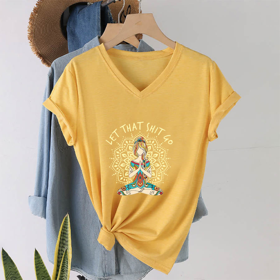 Olivenorma Yoga Themed Meditating Woman Mandala V-Neck T-Shirt - image 13