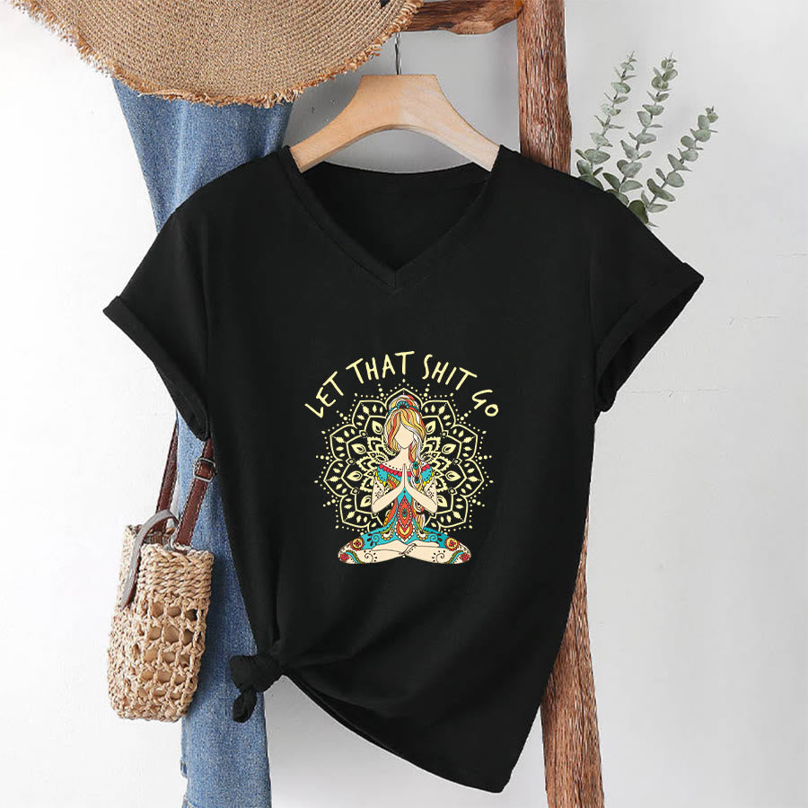 Olivenorma Yoga Themed Meditating Woman Mandala V-Neck T-Shirt - image 7