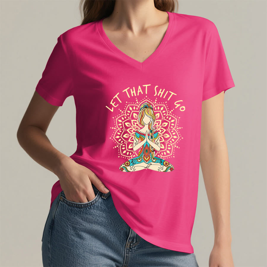 Olivenorma Yoga Themed Meditating Woman Mandala V-Neck T-Shirt - image 35