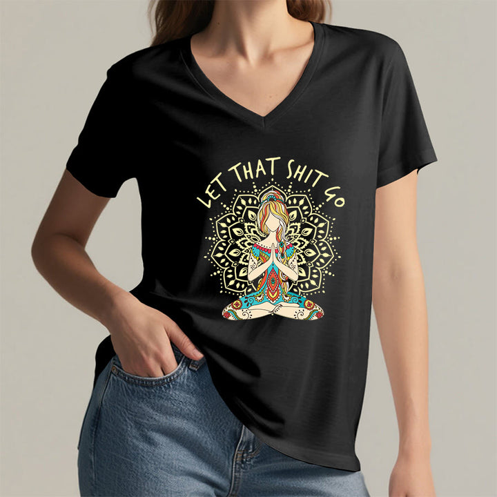 Olivenorma Yoga Themed Meditating Woman Mandala V-Neck T-Shirt - image 8