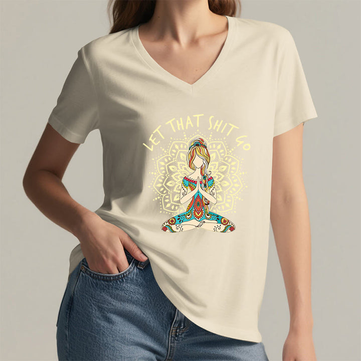 Olivenorma Yoga Themed Meditating Woman Mandala V-Neck T-Shirt - image 29