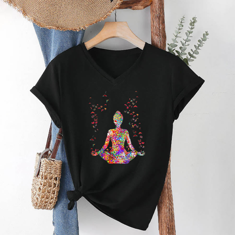 Olivenorma Watercolor Meditating Silhouette Yoga V-Neck T-Shirt - Black - 2XL - image 12