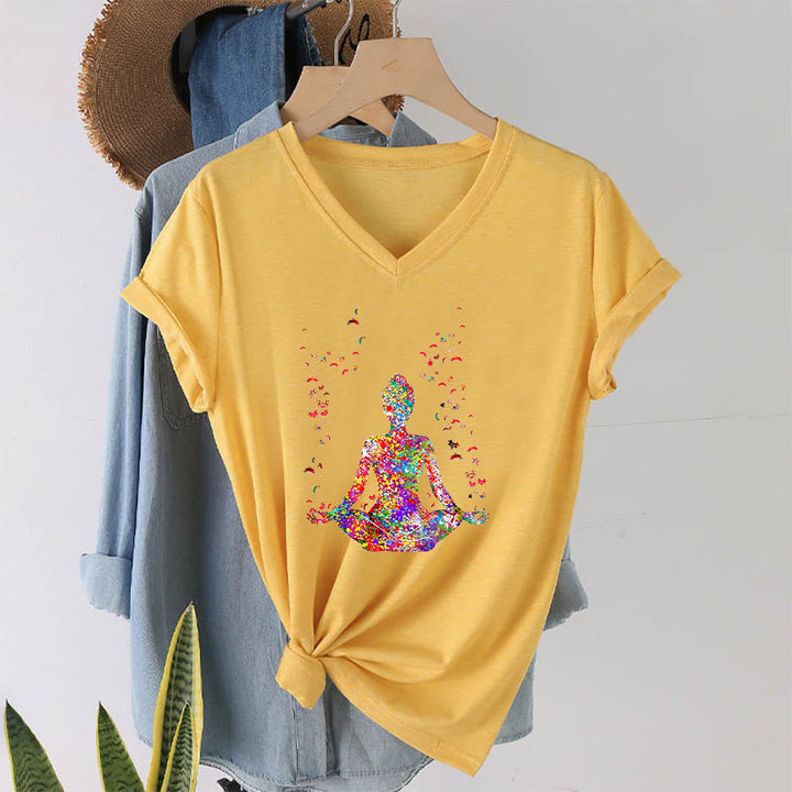 Olivenorma Watercolor Meditating Silhouette Yoga V-Neck T-Shirt - Yellow - 2XL - image 30