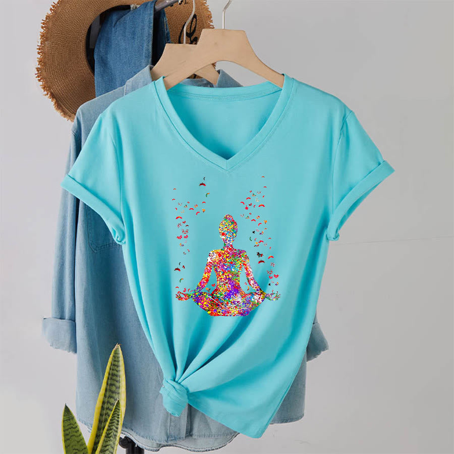 Olivenorma Watercolor Meditating Silhouette Yoga V-Neck T-Shirt - Lake Blue - 2XL - image 9