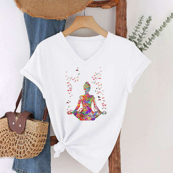 Olivenorma Watercolor Meditating Silhouette Yoga V-Neck T-Shirt - White - 2XL - image 0