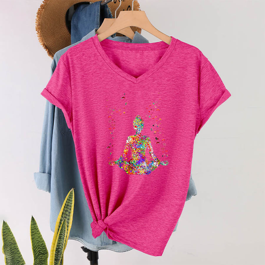 Olivenorma Watercolor Meditating Silhouette Yoga V-Neck T-Shirt - Rose Red - 2XL - image 33