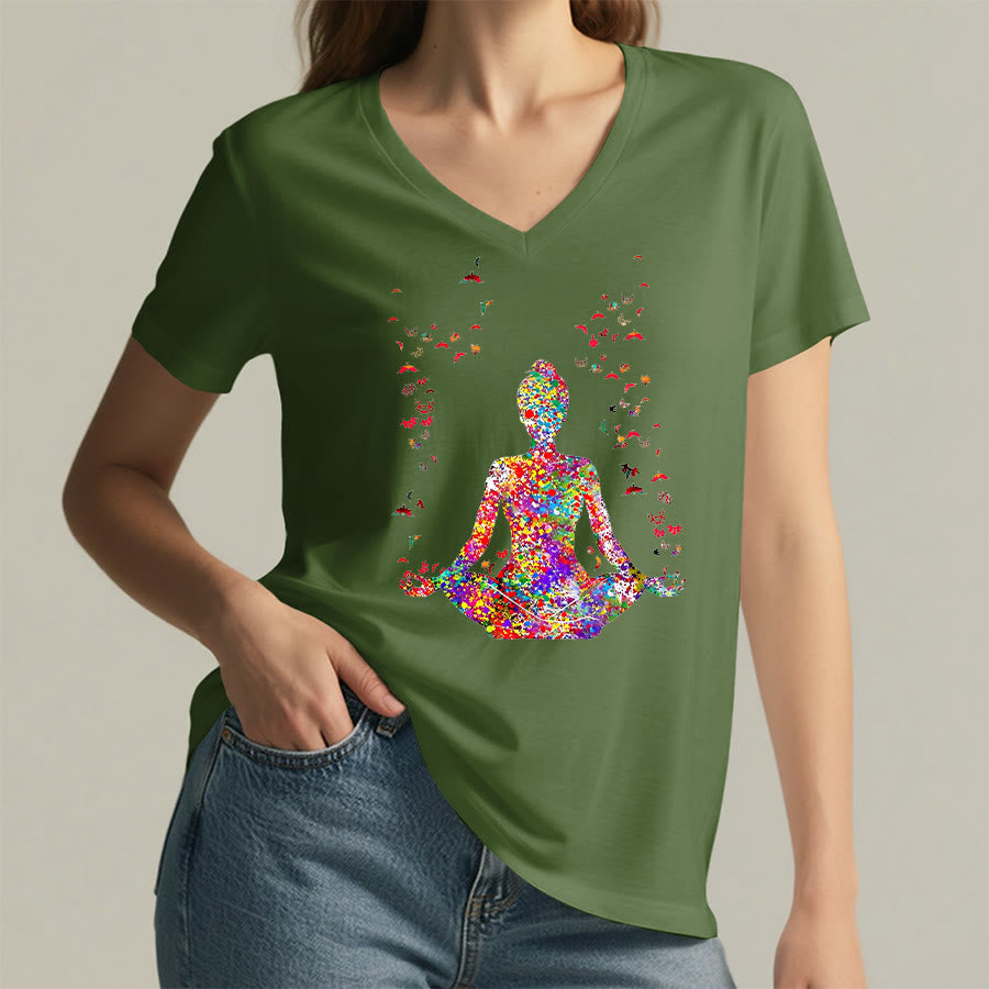 Olivenorma Watercolor Meditating Silhouette Yoga V-Neck T-Shirt - image 25