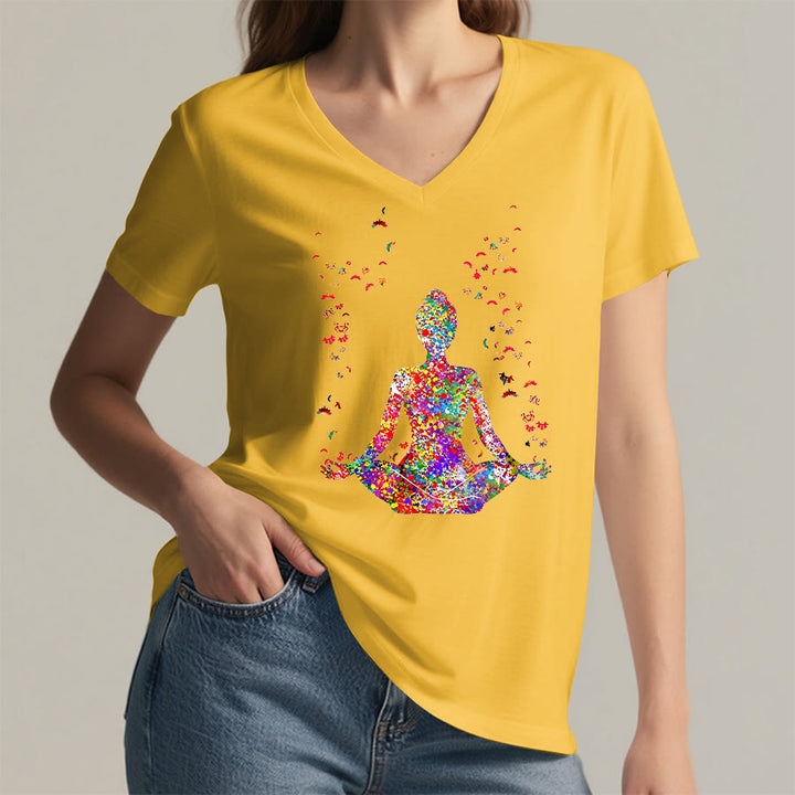 Olivenorma Watercolor Meditating Silhouette Yoga V-Neck T-Shirt - image 31