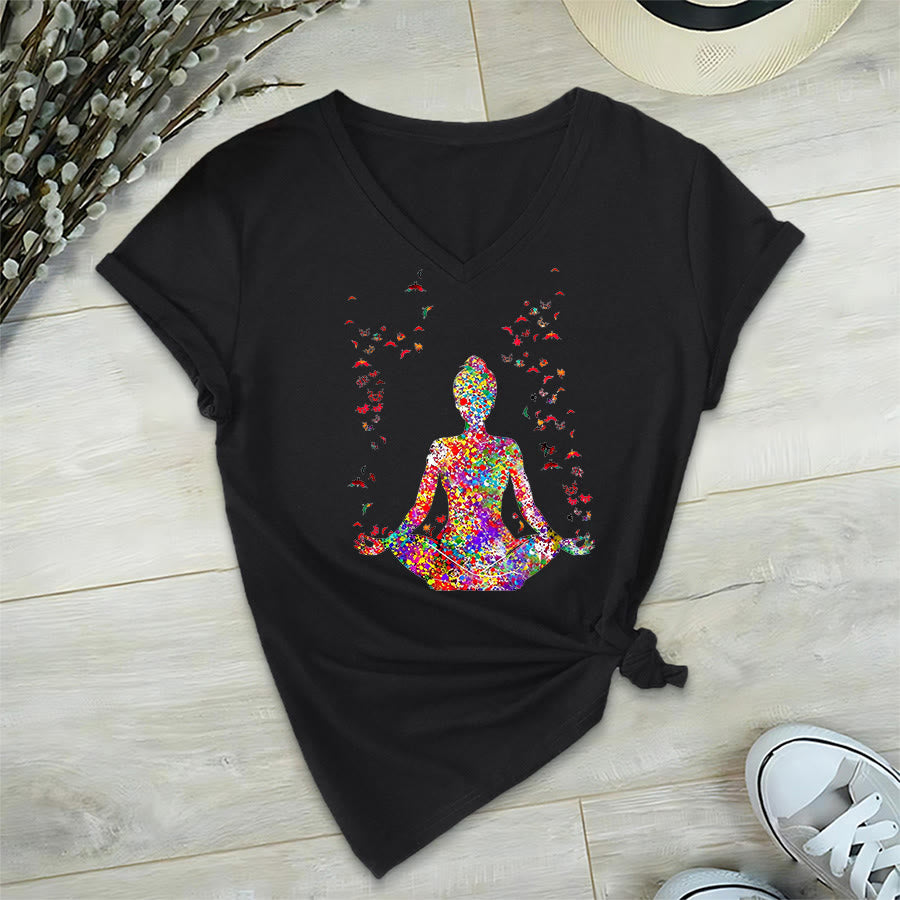 Olivenorma Watercolor Meditating Silhouette Yoga V-Neck T-Shirt - image 14