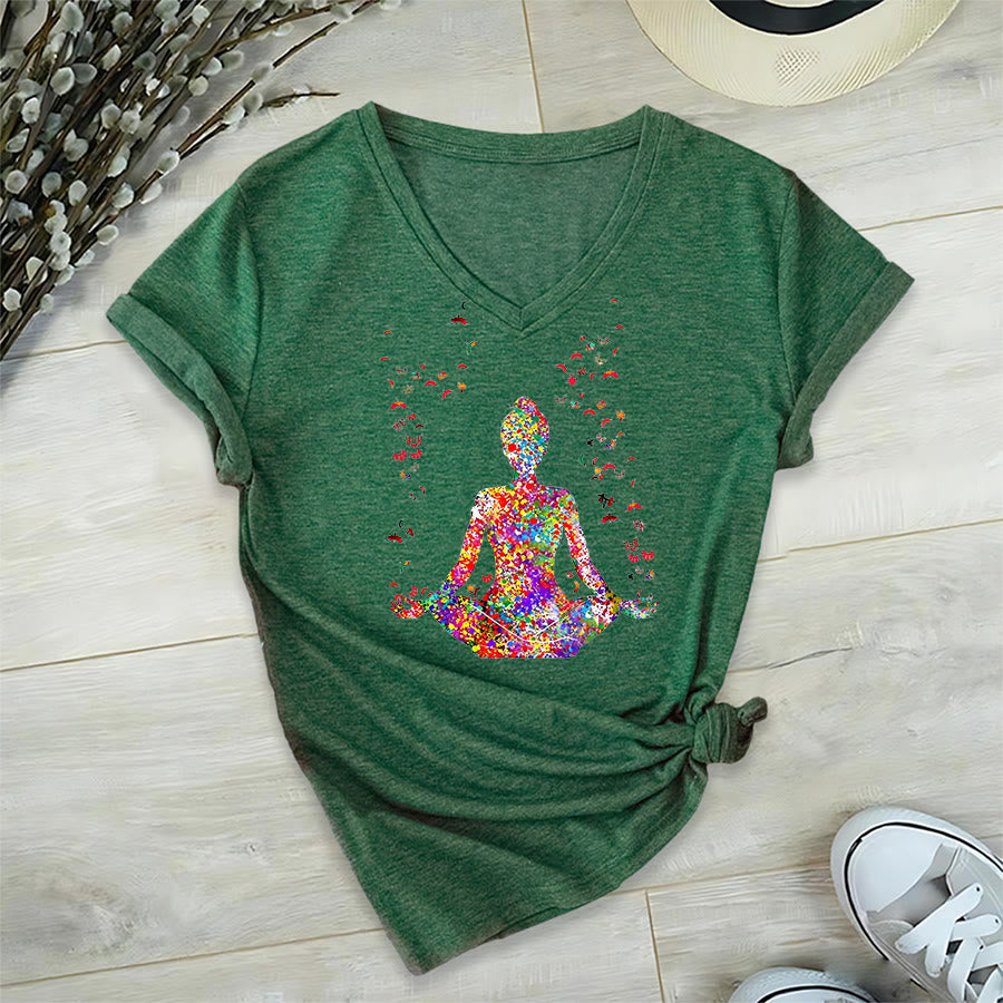 Olivenorma Watercolor Meditating Silhouette Yoga V-Neck T-Shirt - image 23