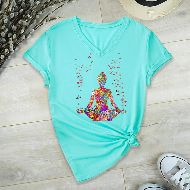 Olivenorma Watercolor Meditating Silhouette Yoga V-Neck T-Shirt - image 11