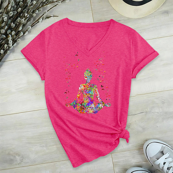 Olivenorma Watercolor Meditating Silhouette Yoga V-Neck T-Shirt - image 35