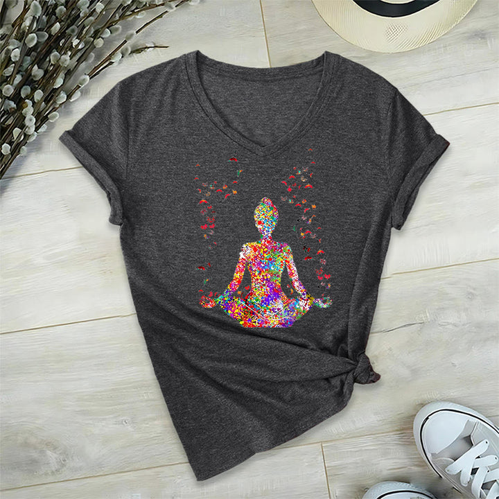 Olivenorma Watercolor Meditating Silhouette Yoga V-Neck T-Shirt - image 17