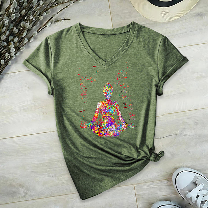 Olivenorma Watercolor Meditating Silhouette Yoga V-Neck T-Shirt - image 26