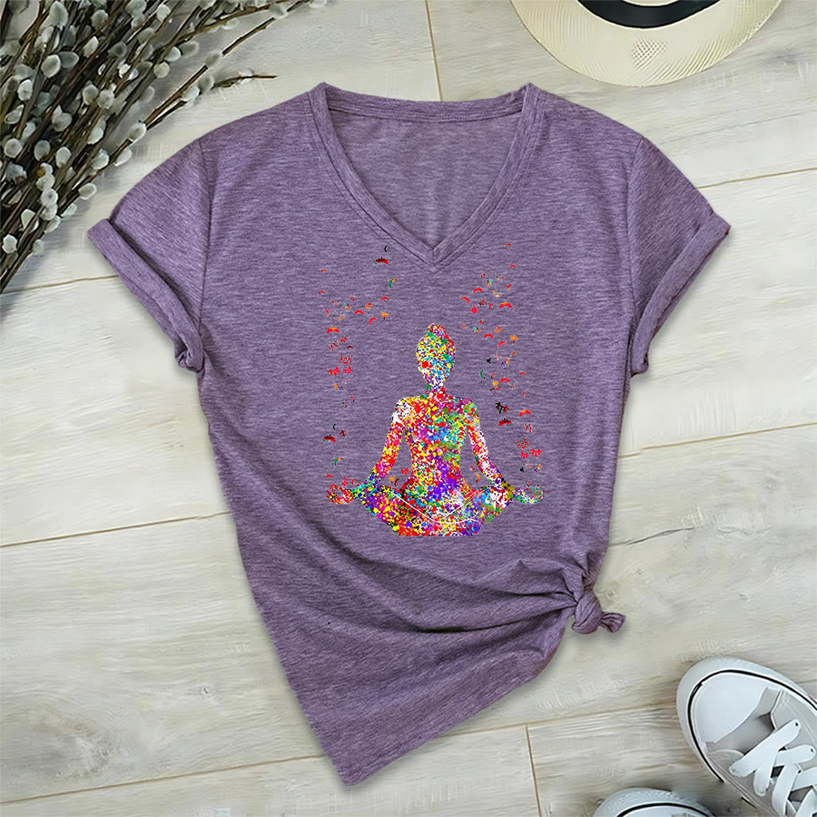 Olivenorma Watercolor Meditating Silhouette Yoga V-Neck T-Shirt - image 38