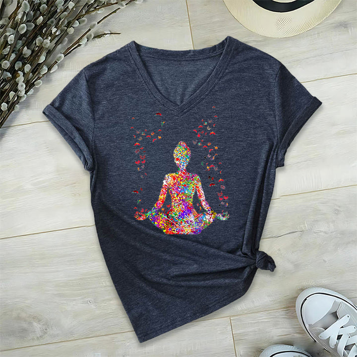 Olivenorma Watercolor Meditating Silhouette Yoga V-Neck T-Shirt - image 20